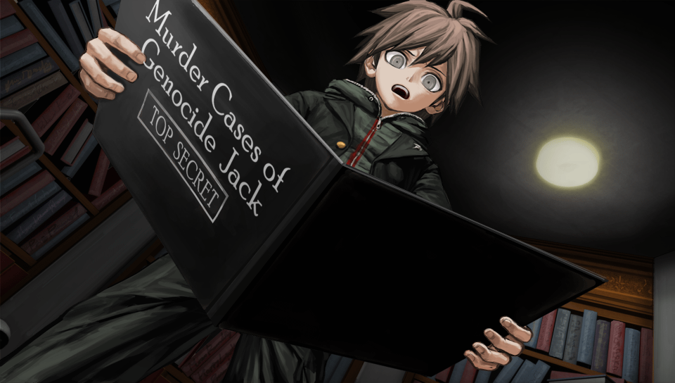 CG of Makoto Naegi reading the Genocide Jack case file in Danganronpa 1.