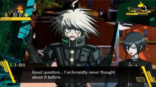 A low quality screenshot from Danganronpa V3 (sorry about that). Kibo, shrugging: Good question... I've honestly never thought about it before.